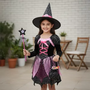 Fantasia de Bruxa e Mago com Varinha para Meninas