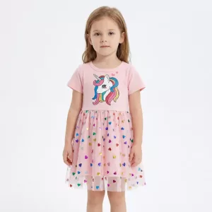 Vestido Infantil de Algodão Unicórnio com Manga Curta