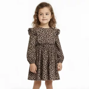 dress with ruffles, long sleeve dress, leopard print dress